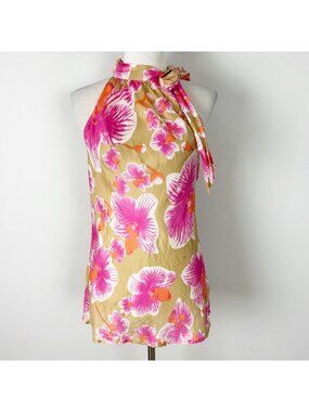 Y2K Cache Silk Floral Halter Top Pink Tropical Hawaiian Size Medium Women's